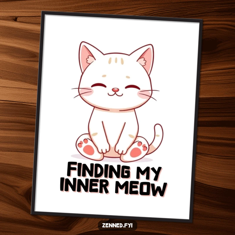 Funny cat meditation poster showing a happy cat sitting in a lotus position with eyes closed and a serene smile.