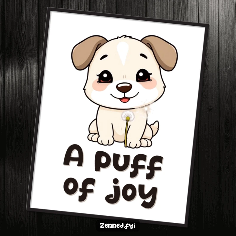 Funny Poster: A smiling dog gently blowing on a dandelion puff, embodying hope and canine innocence with artistic charm.