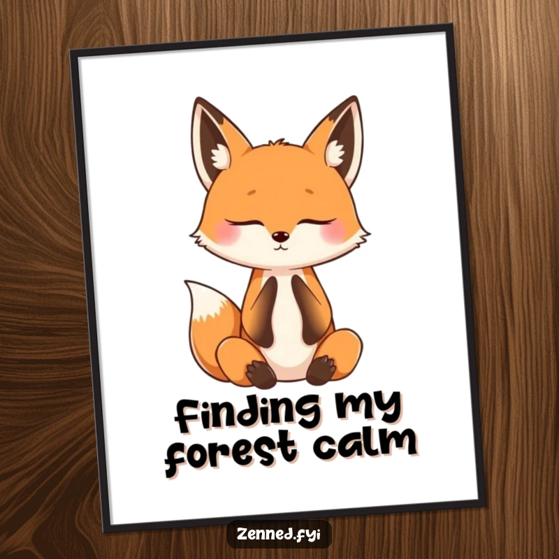 Funny poster featuring a curious fox practicing mindful breathing with its eyes shut, depicting tranquility and humorous inner peace.