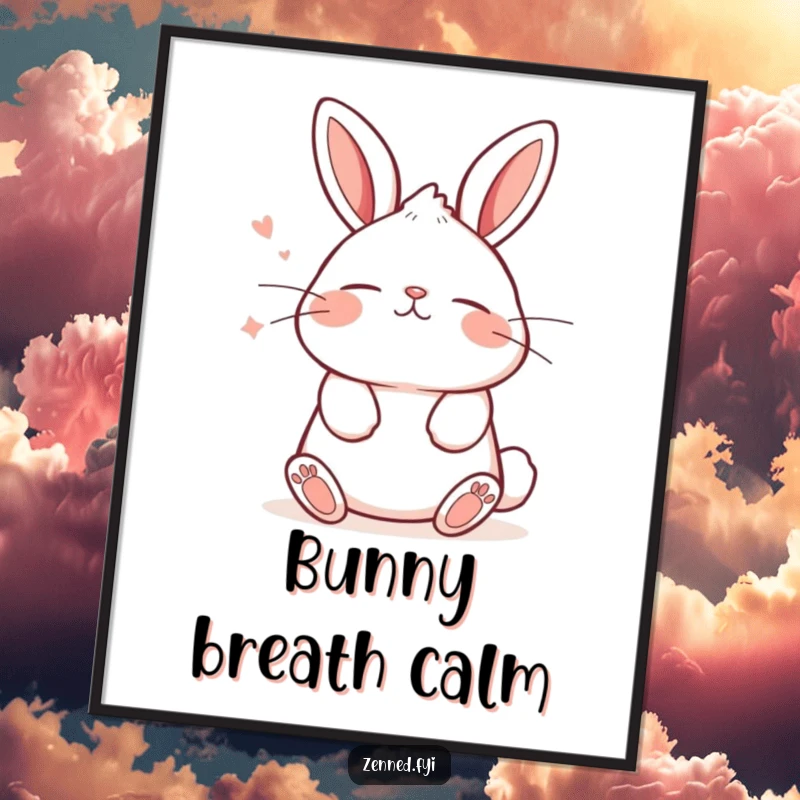 Funny poster art of a cute kawaii bunny taking a deep breath with a tranquil expression, perfect for creating a peaceful atmosphere.