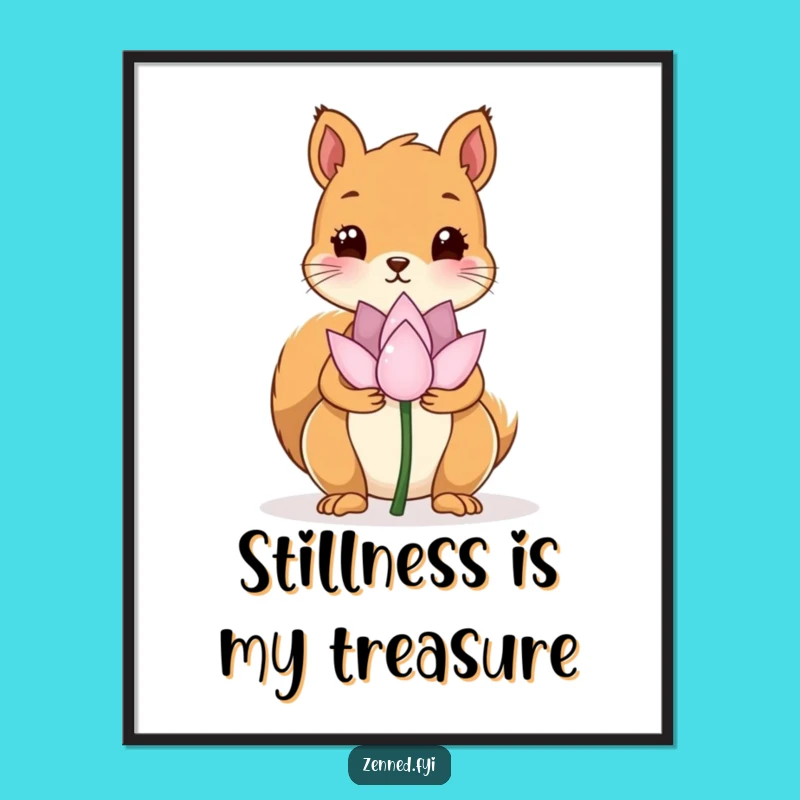 Funny Kawaii Squirrel Lotus Flower Poster - Serene Wall Art with Humorous Touch