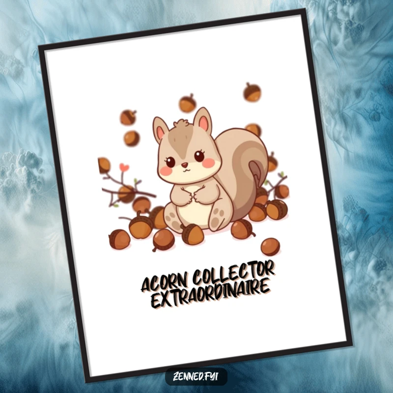 Funny Kawaii Squirrel Poster: A whimsical illustration of a playful squirrel sitting contentedly among scattered acorns, adding charm to any space.