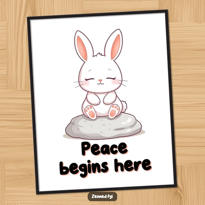 Funny poster print of a white rabbit in deep meditation on a smooth stone, peaceful wall art, ideal funny gift.