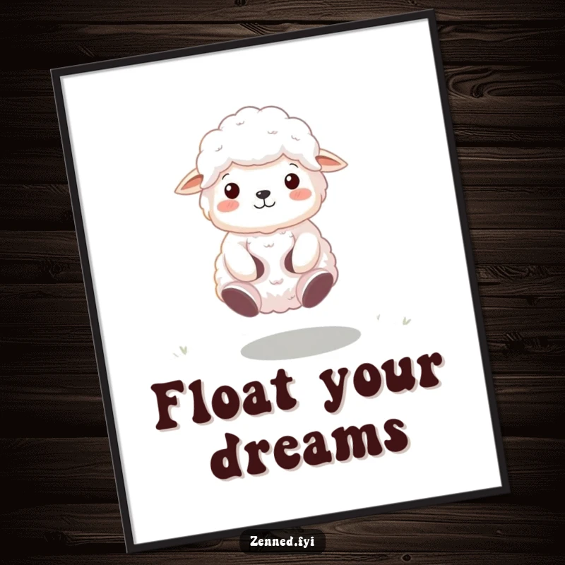Funny Zen Sheep Poster depicting a fluffy sheep meditating and floating peacefully, a humorous piece of tranquil wall art.