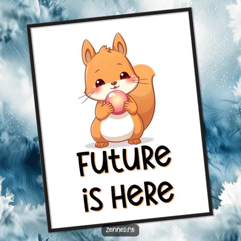 Funny poster of a content squirrel holding a glowing orb, perfect for adding a whimsical and magical touch.