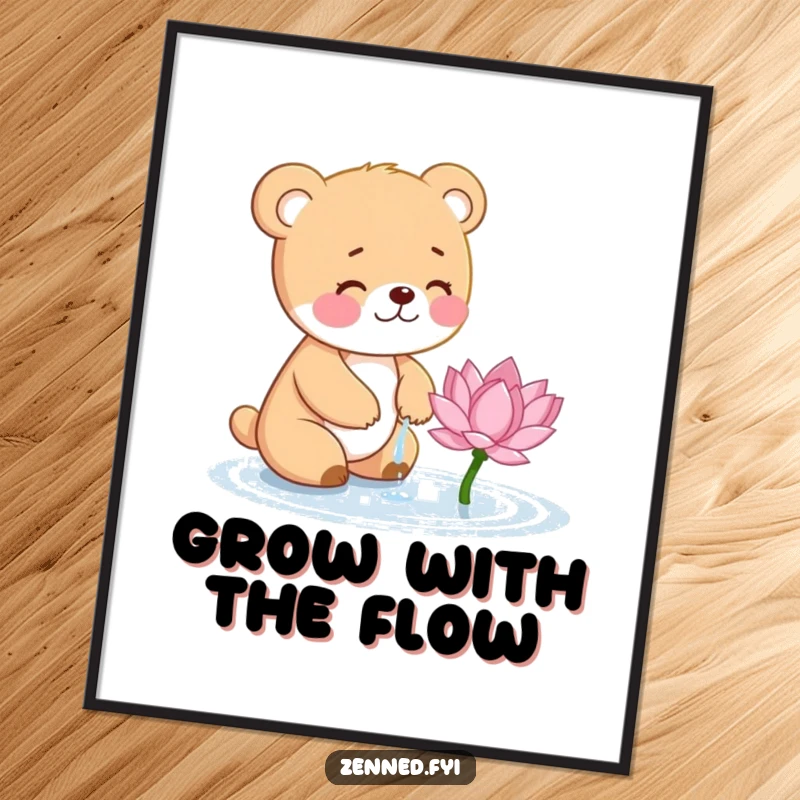 Funny Bear Cub Poster: Small, giggling cub gently waters a blooming lotus, conveying sweet humor and care.