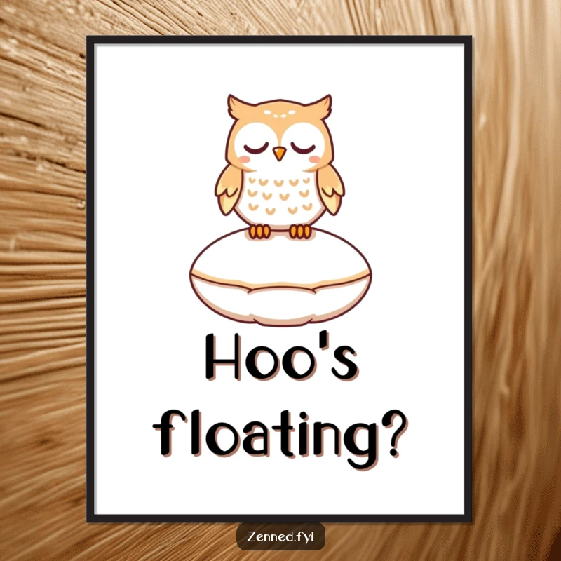 Funny poster art of a peaceful owl character floating gently a few inches above a smooth, round cushion.