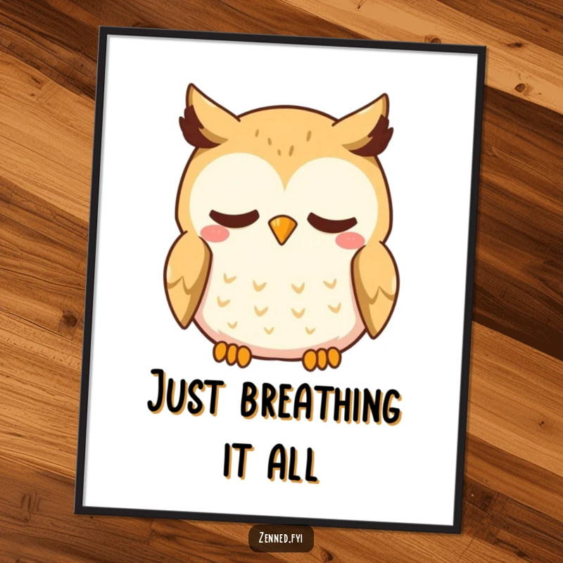 Funny Kawaii Owl Poster: An artistic print of a curious owl character with a gentle smile, breathing deeply, promoting peace and lightheartedness.