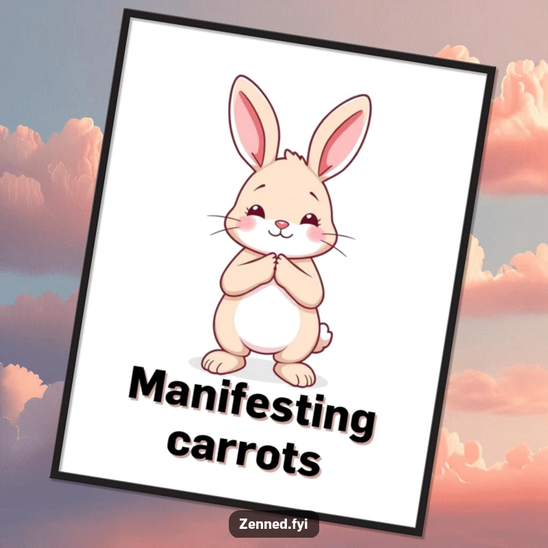 Funny rabbit poster showcasing a calm animal with hands pressed together, adding peaceful and humorous decor.