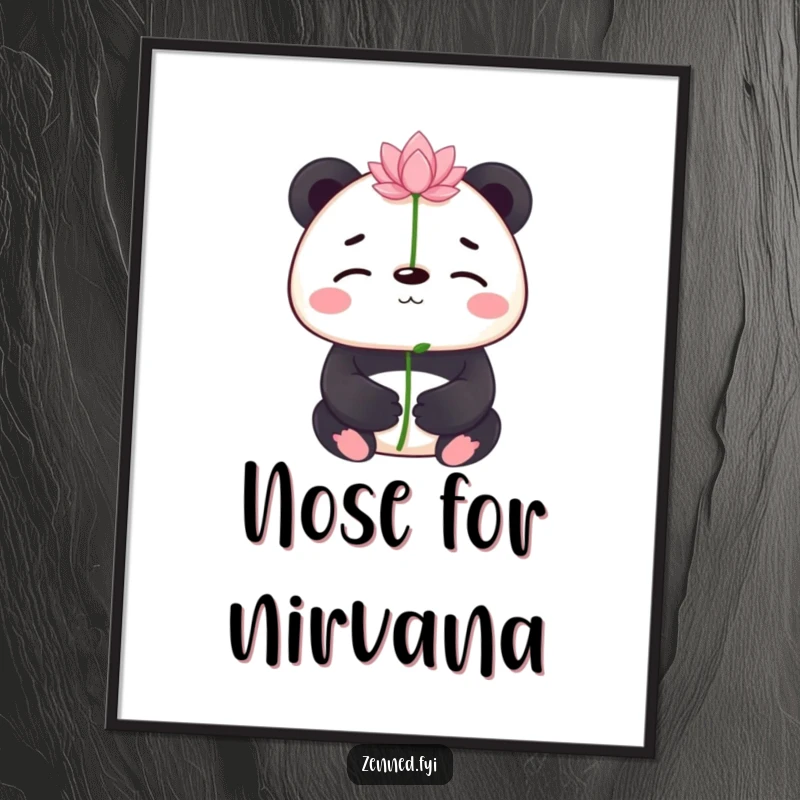 Funny panda balancing a tiny lotus flower on its nose, a serene and humorous art poster perfect for a funny gift.