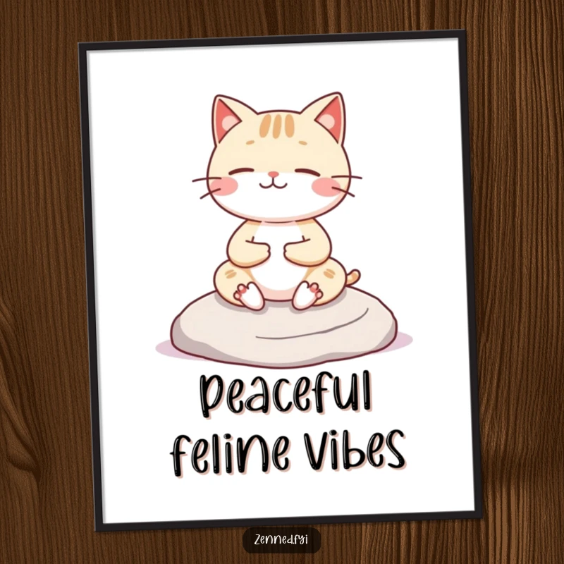 Funny Kawaii cat poster showcasing a cheerful character meditating on a rock, bringing zen and humor to wall decor, a fun gift.