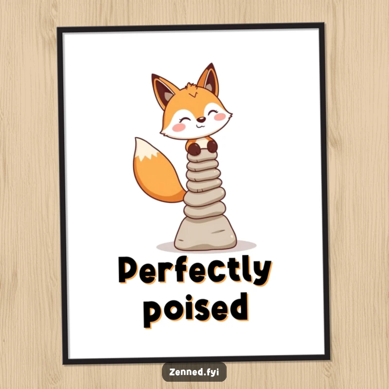 Funny fox character balancing stone cairns with practiced ease, presented as zen and humorous wall art.