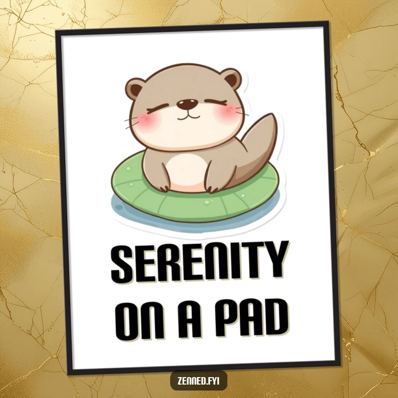 Funny otter lily pad poster showing a content otter floating serenely on a lily pad with closed eyes.