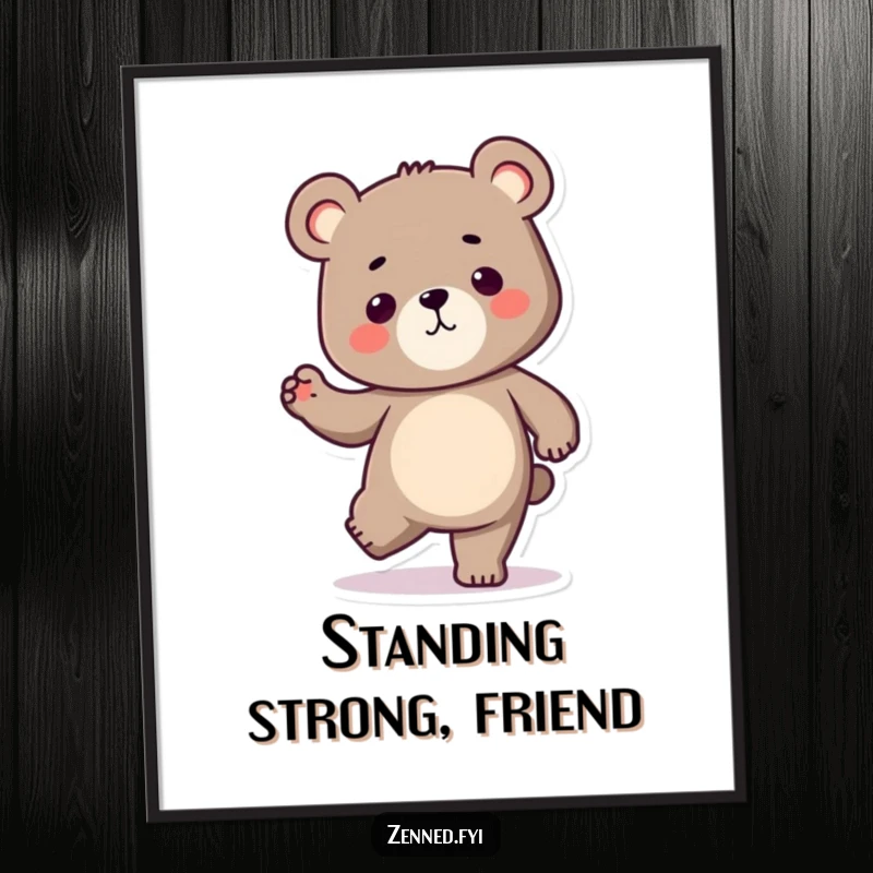 Funny Kawaii bear poster displaying a determined character balancing on one leg, symbolizing focus and motivation, ideal for gifting.