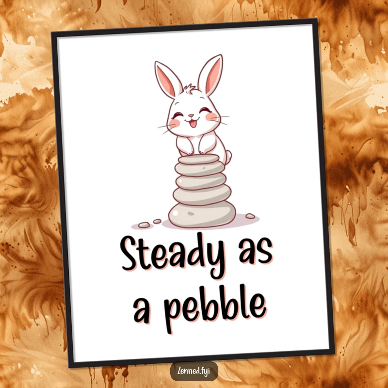 Giggling rabbit balancing stones on a poster, a beautiful funny gift.