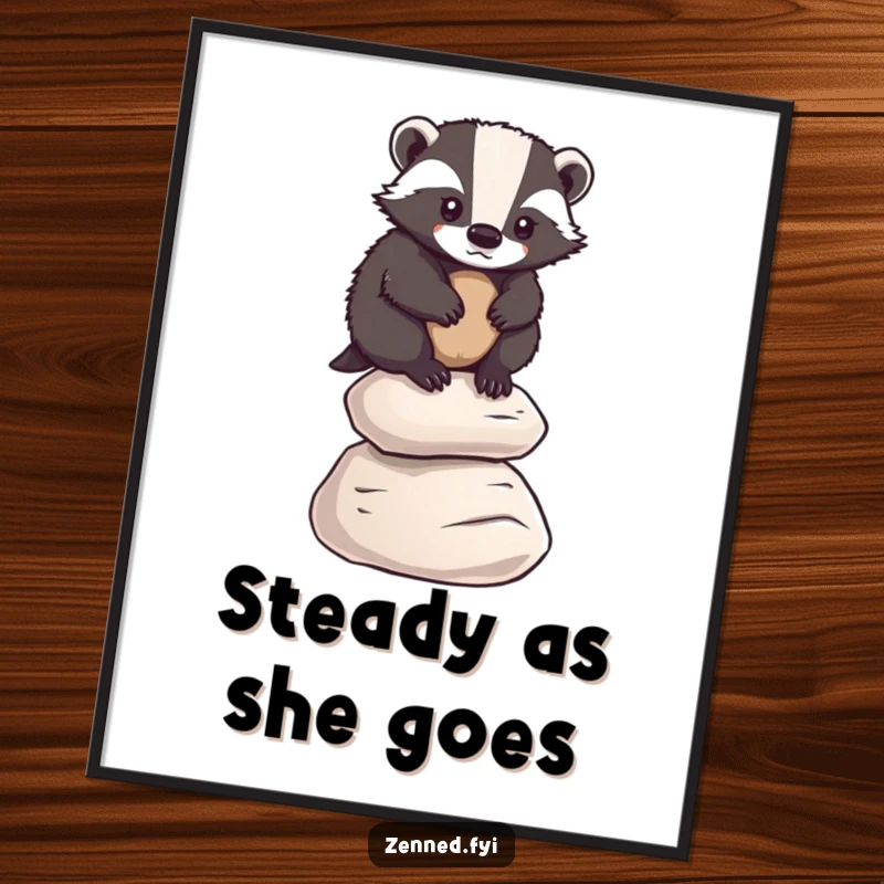 Funny badger balancing on a stack of pebbles, a humorous motivational poster, perfect funny gift.