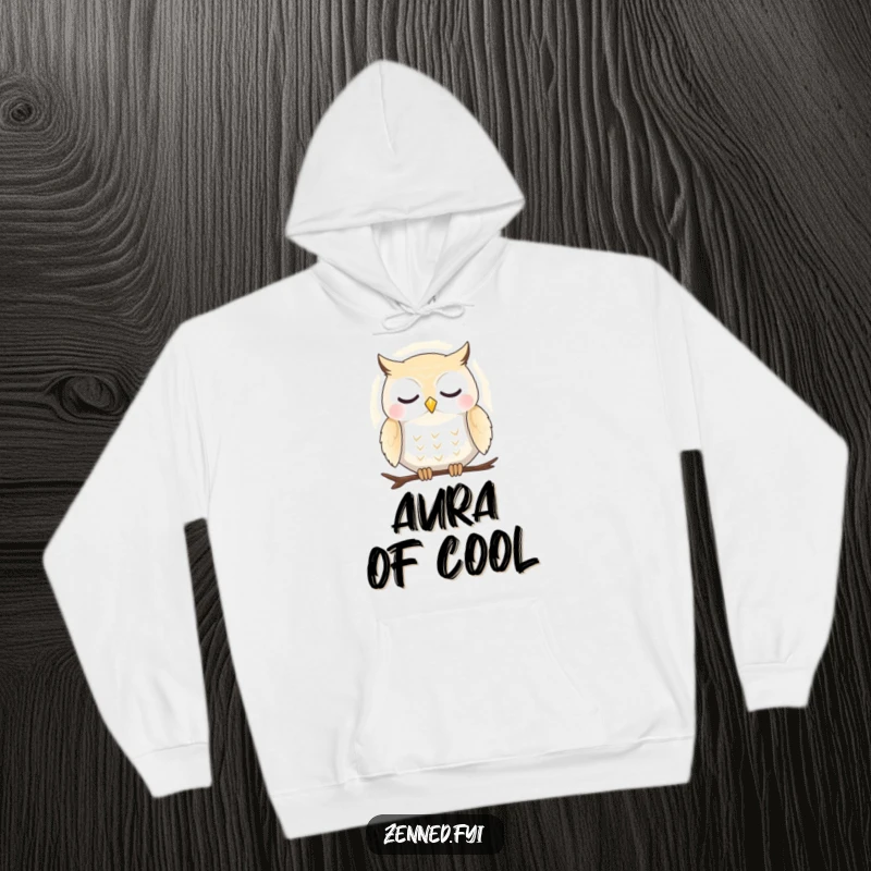 Funny hoodie featuring a peaceful owl bathed in a gentle aura, offering warmth and a symbol of profound calm.