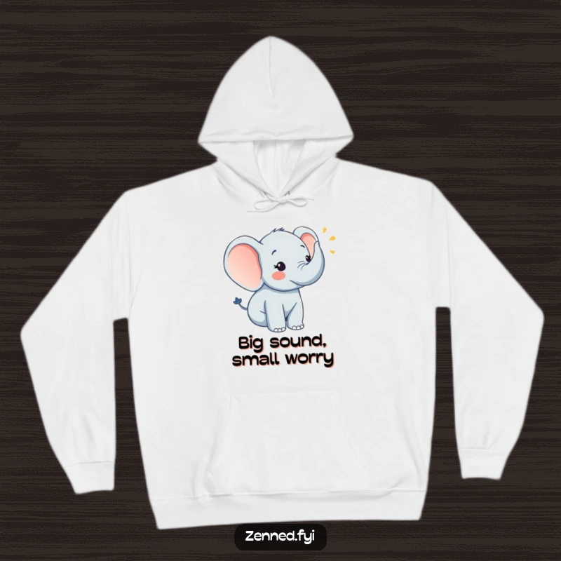 Funny elephant gently blowing a horn, featured on a warm hoodie, an excellent funny gift.