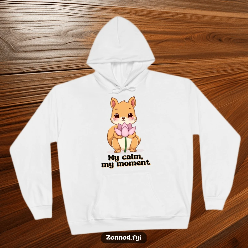 Funny hoodie featuring a kawaii squirrel holding a peaceful lotus flower, offering warmth, comfort, and humorous serenity.