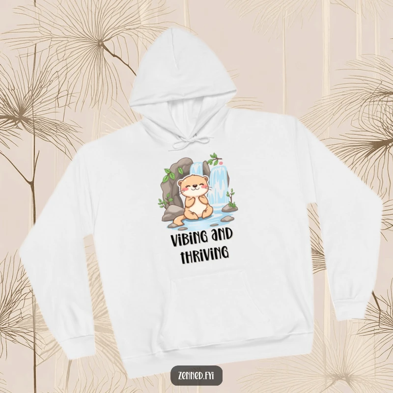 Funny otter hoodie showcasing a playful character meditating happily beside a miniature flowing waterfall, offering cozy and humorous tranquility.