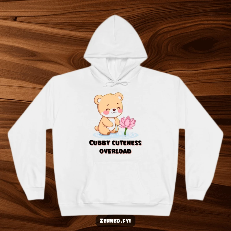 Funny Bear Cub Hoodie: Giggling cub gently waters a blooming lotus, radiating warmth and humorous sweetness.