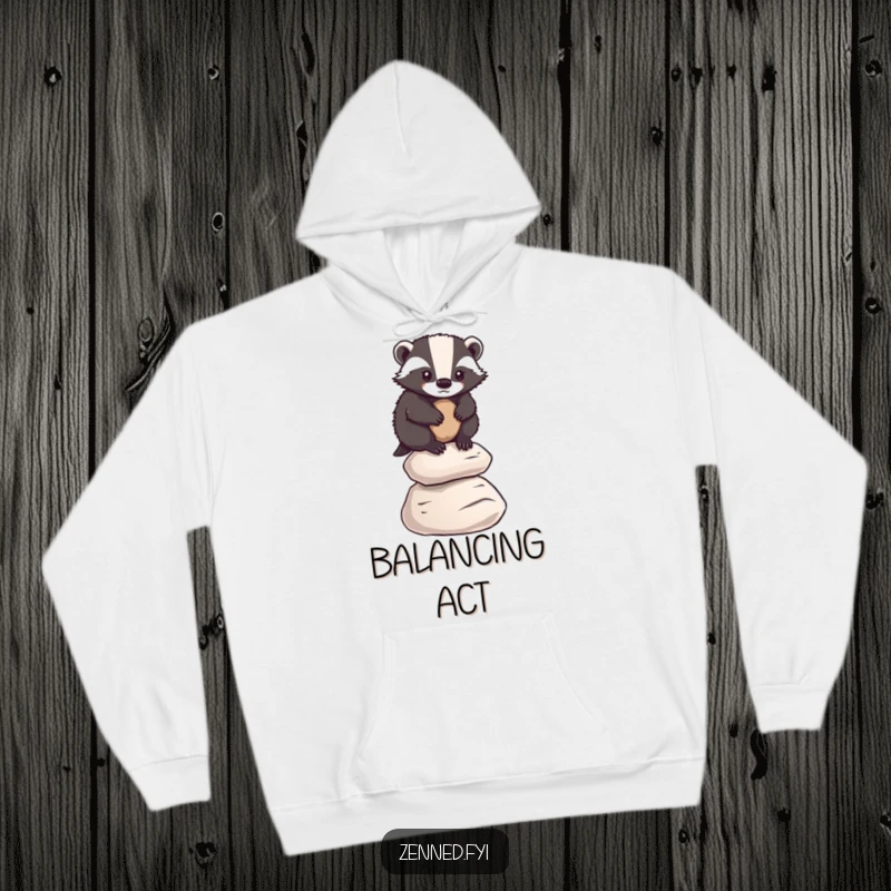 Funny badger balancing on pebbles, a symbol of determination, featured on a cozy hoodie, funny gift.