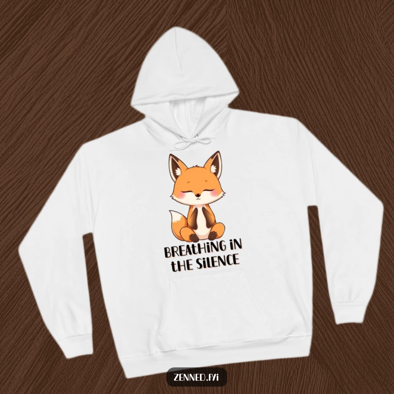 Funny hoodie displaying a curious fox practicing mindful breathing with its eyes shut, offering cozy comfort and a humorous sense of calm.