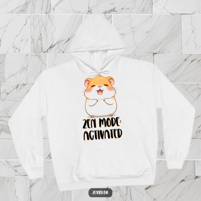 Funny Hoodie depicting a giggling hamster achieving tranquil inner peace through meditation, radiating calm.