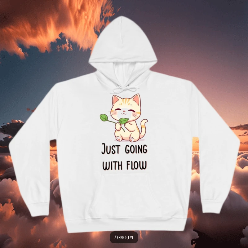 Funny kawaii cat hoodie, a cute feline gently releasing a floating leaf, offering warmth and a touch of funny serenity.