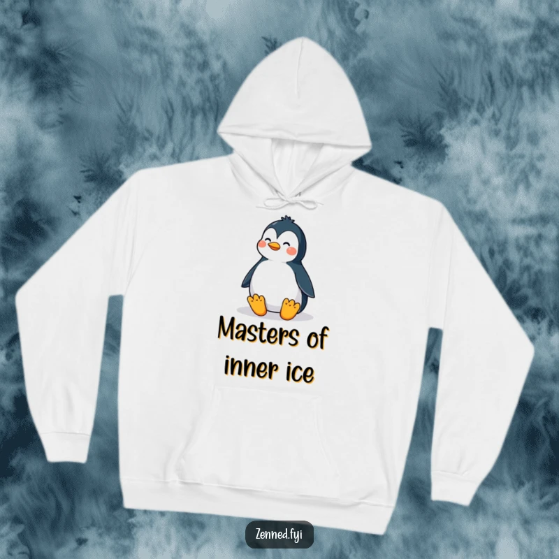 Funny hoodie displaying a proud penguin in a perfectly balanced meditative posture, offering cozy comfort and a humorous reminder of inner calm.