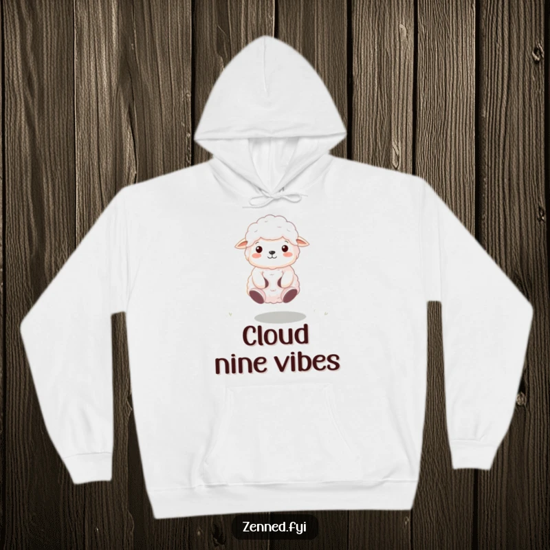 Funny Zen Sheep Hoodie featuring a fluffy sheep meditating and floating gently, designed for snuggly comfort and humorous relaxation.