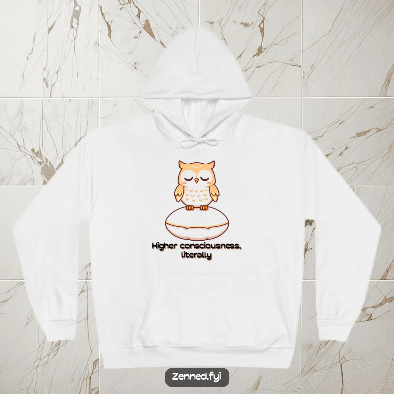 Funny hoodie featuring a peaceful owl character gently floating a few inches above a smooth, round cushion.