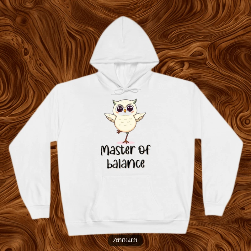 Funny kawaii owl hoodie, a cute owl maintaining perfect balance on one leg, exuding a funny and wise aura.