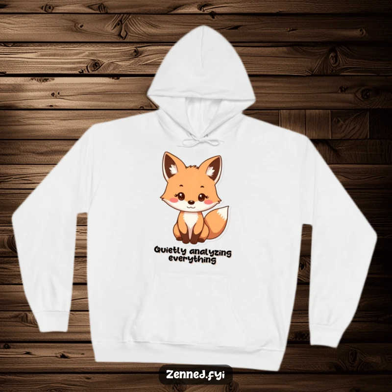Funny hoodie featuring a curious fox with a gentle, unwavering gaze, radiating warmth and a thoughtful, humorous spirit.