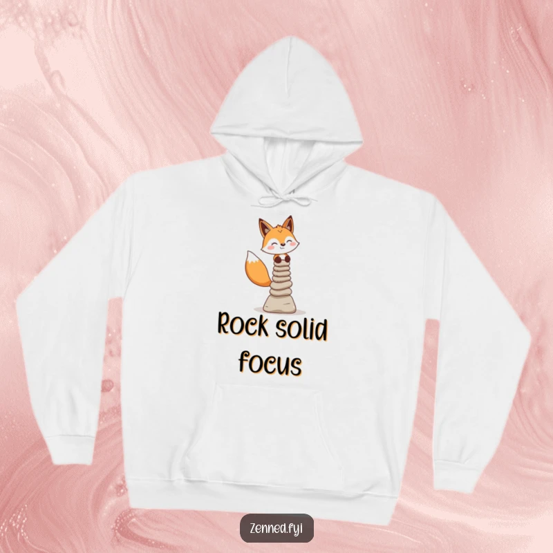 Funny Fox Hoodie: A cheerful fox achieves perfect balance atop tiny stone cairns in this humorous design.