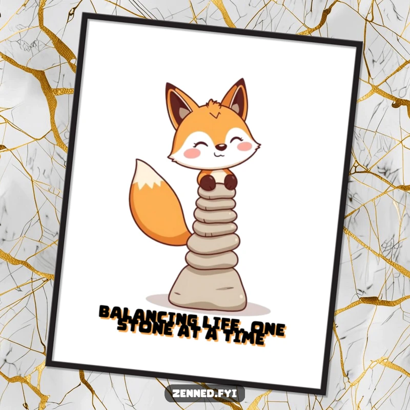 Funny Free Printable Wall Art: Cheerful fox character expertly balances a tiny stack of stone cairns with practiced ease.