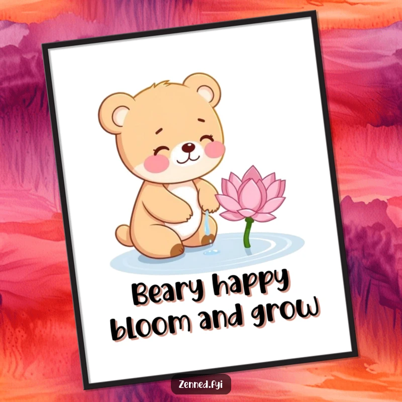 Funny Free Printable Wall Art: A small, giggling bear cub gently waters a tiny, flourishing lotus flower, radiating pure happiness.