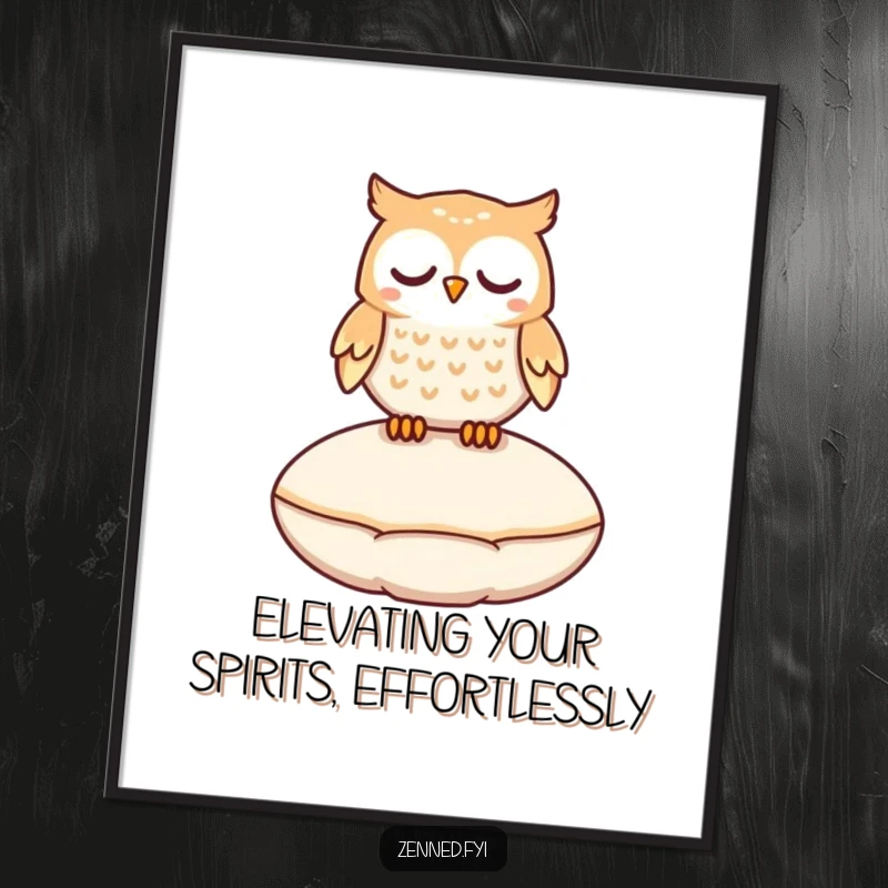 Funny Free Printable Wall Art: Peaceful owl character gently floats a few inches above a smooth, round cushion, looking serene.
