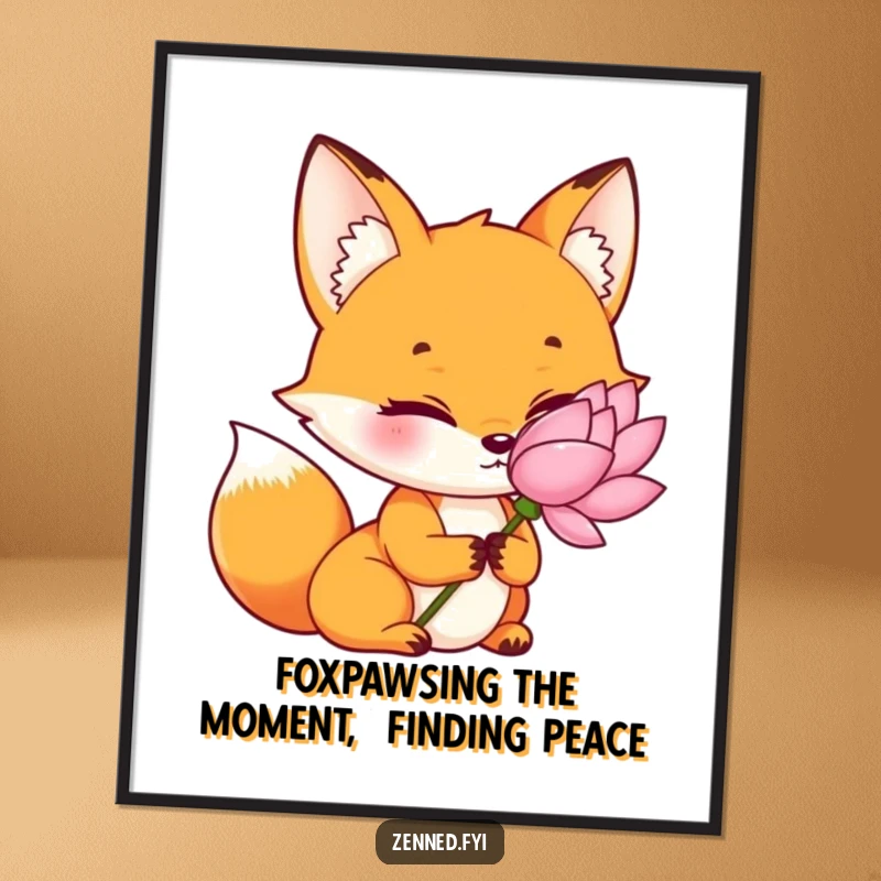 Funny Free Printable Wall Art: Determined Orange Fox with a Tranquil Gaze Holding a Delicate Lotus Flower