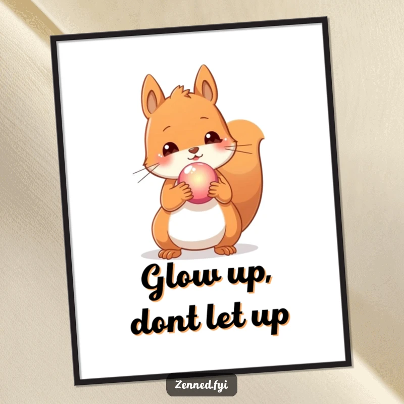 Funny Free Printable Wall Art: A content squirrel cradles a small, glowing orb, creating an aura of enchantment.