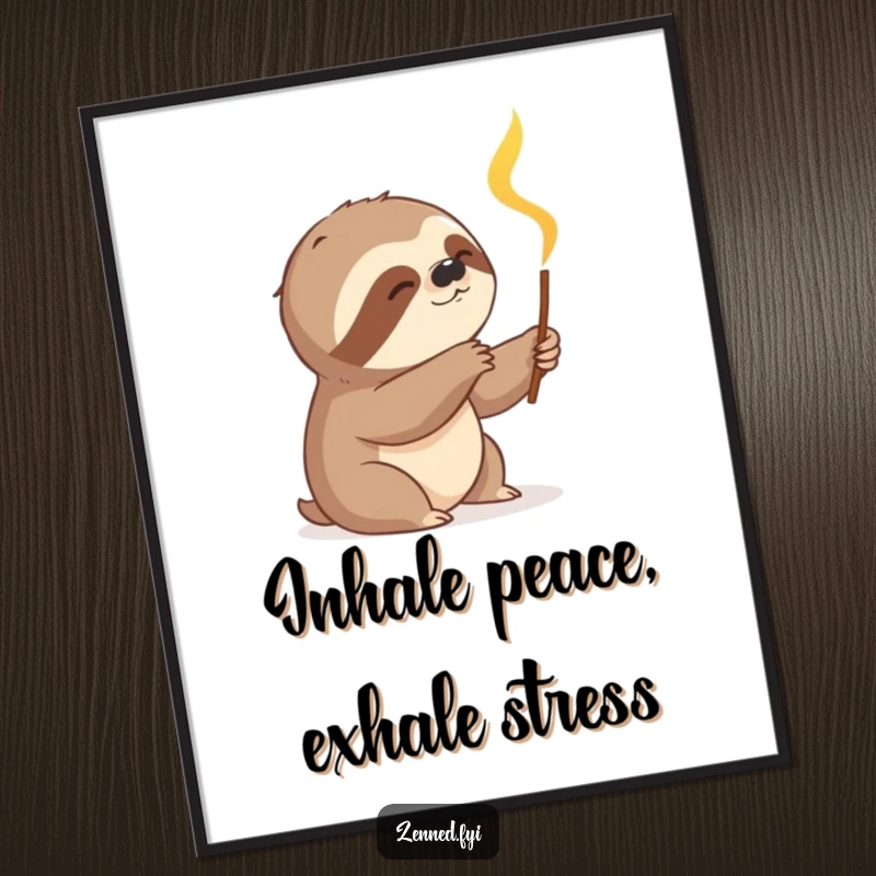 Free Printable Wall Art: Content sloth slowly reaching for a glowing incense stick, creating a peaceful atmosphere. Downloadable.