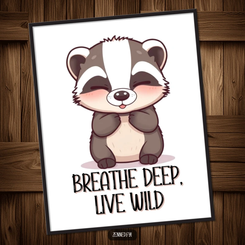 Funny Free Printable Wall Art of a happy badger breathing deeply with closed, calm, peaceful eyes.