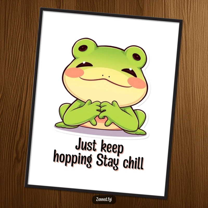 Funny Free Printable Wall Art of a joyful green frog with a contented sigh resting its chin on folded hands, bringing humor.