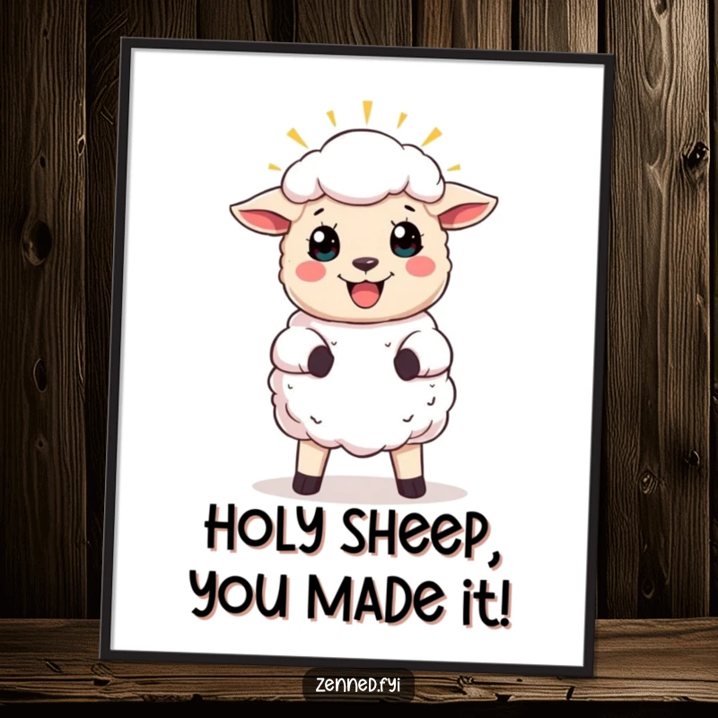 Funny Free Printable Sheep Wall Art depicting a joyful sheep with a halo of light, creating a serene atmosphere.