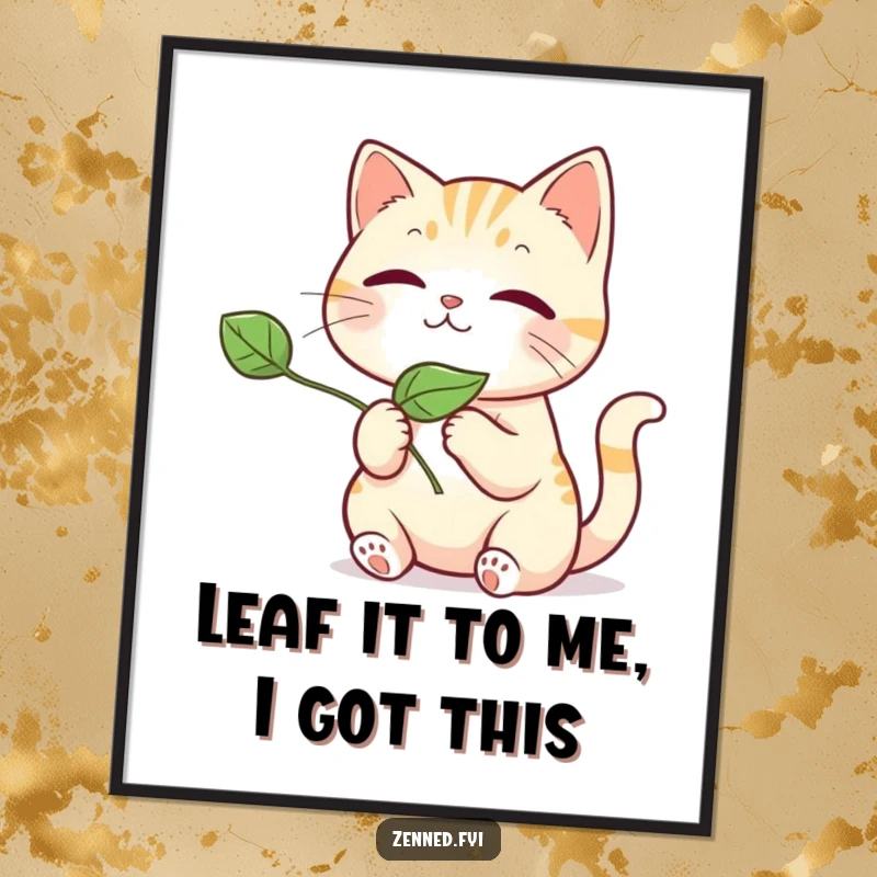 Funny Free Printable Wall Art: Kawaii cat gently releasing a floating leaf, creating a tranquil and adorable piece of downloadable art.