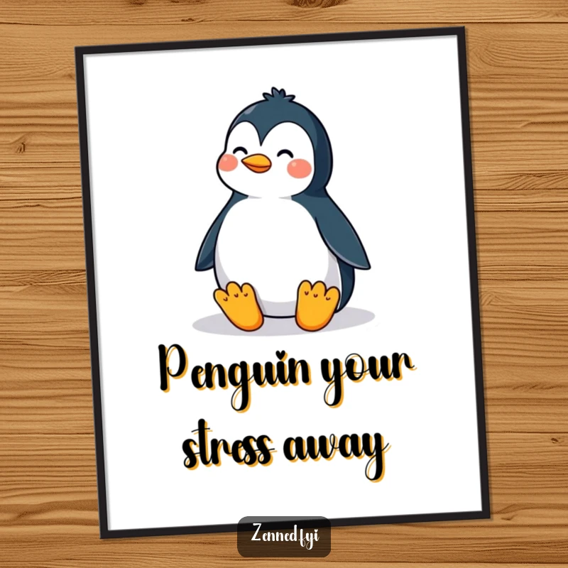 Funny free printable wall art depicting a proud penguin holding a perfectly balanced meditative posture with serene focus.