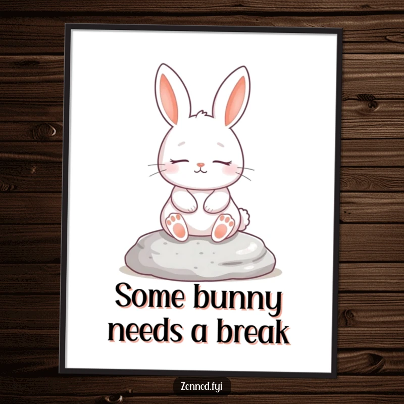Funny Free Printable Wall Art depicting a serene white rabbit meditating on a smooth stone, bringing zen humor to any room.
