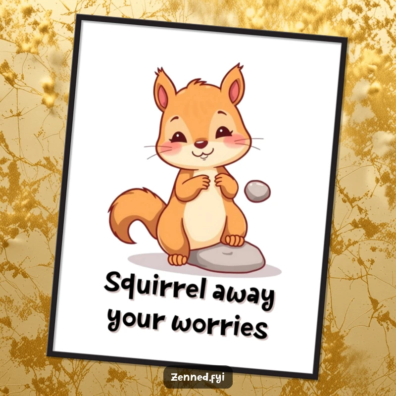 Funny free printable wall art of a playful squirrel using telekinetic powers to levitate a tiny pebble effortlessly.