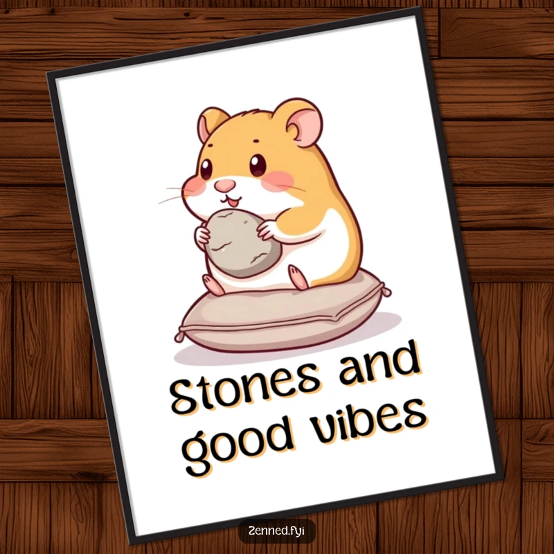 Funny Free Printable Wall Art: A content hamster sits on a cushion, holding a smooth stone, radiating calm.