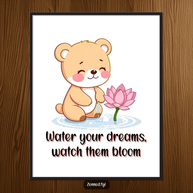 Funny Free Printable Wall Art: A small, giggling bear cub gently waters a tiny, delicate lotus flower.
